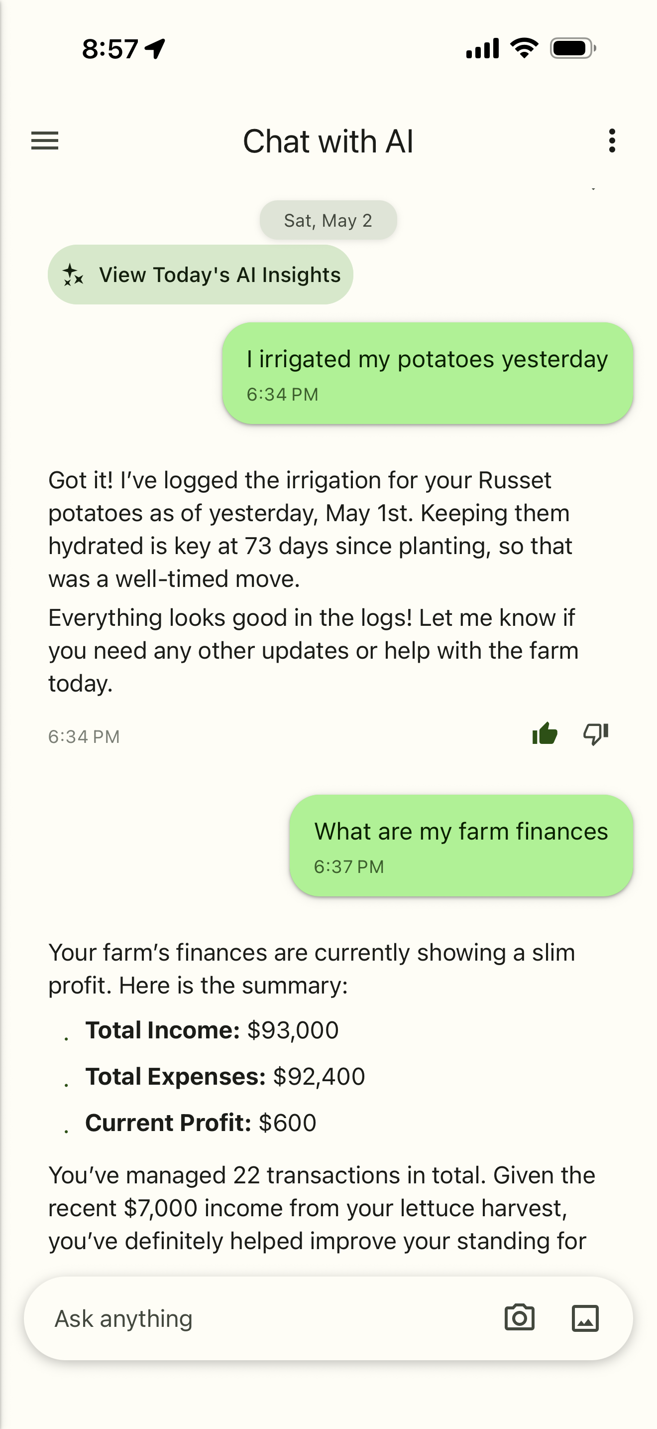 Agrum AI chat interface for natural language farm activity logging and crop disease advice