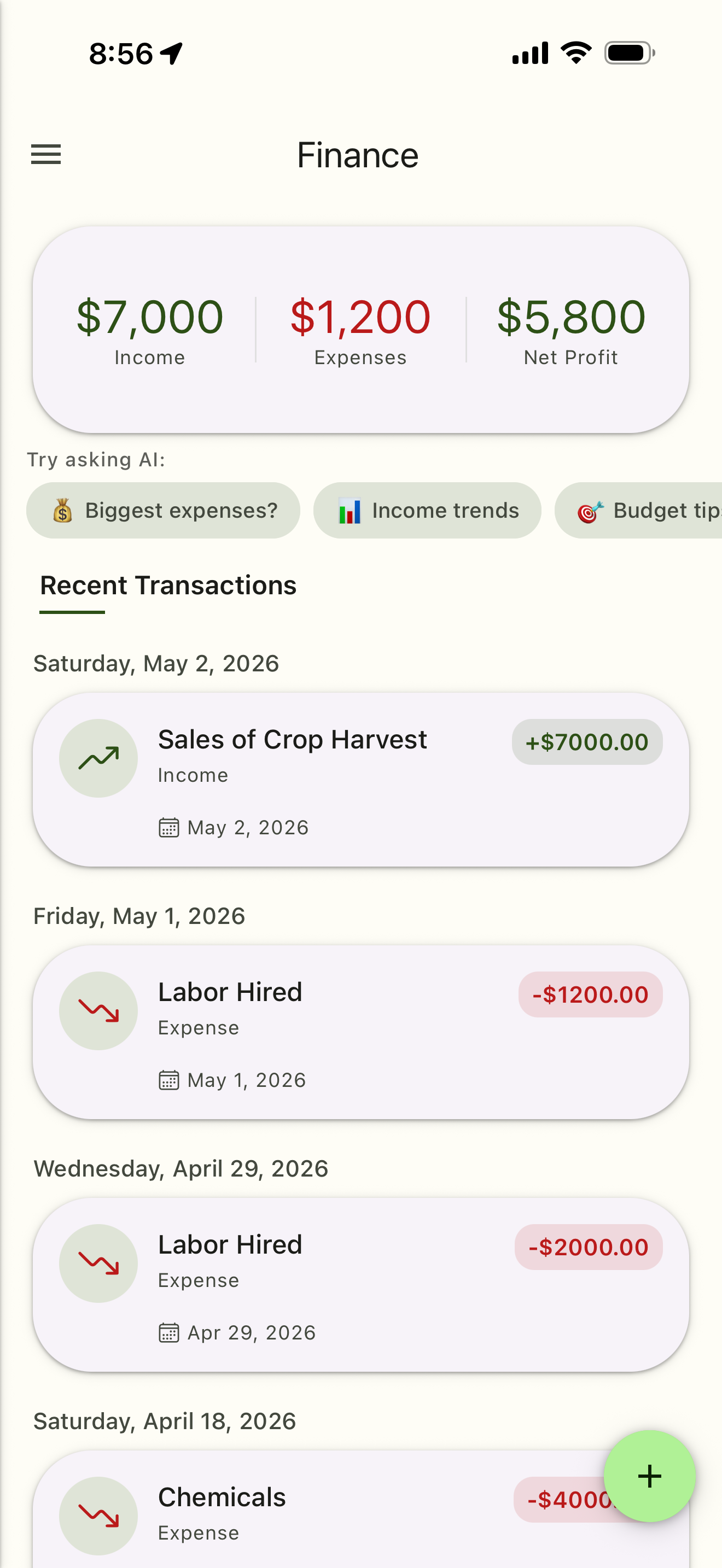 Agrum AI farm financial tracking showing income, expenses and per-crop profitability